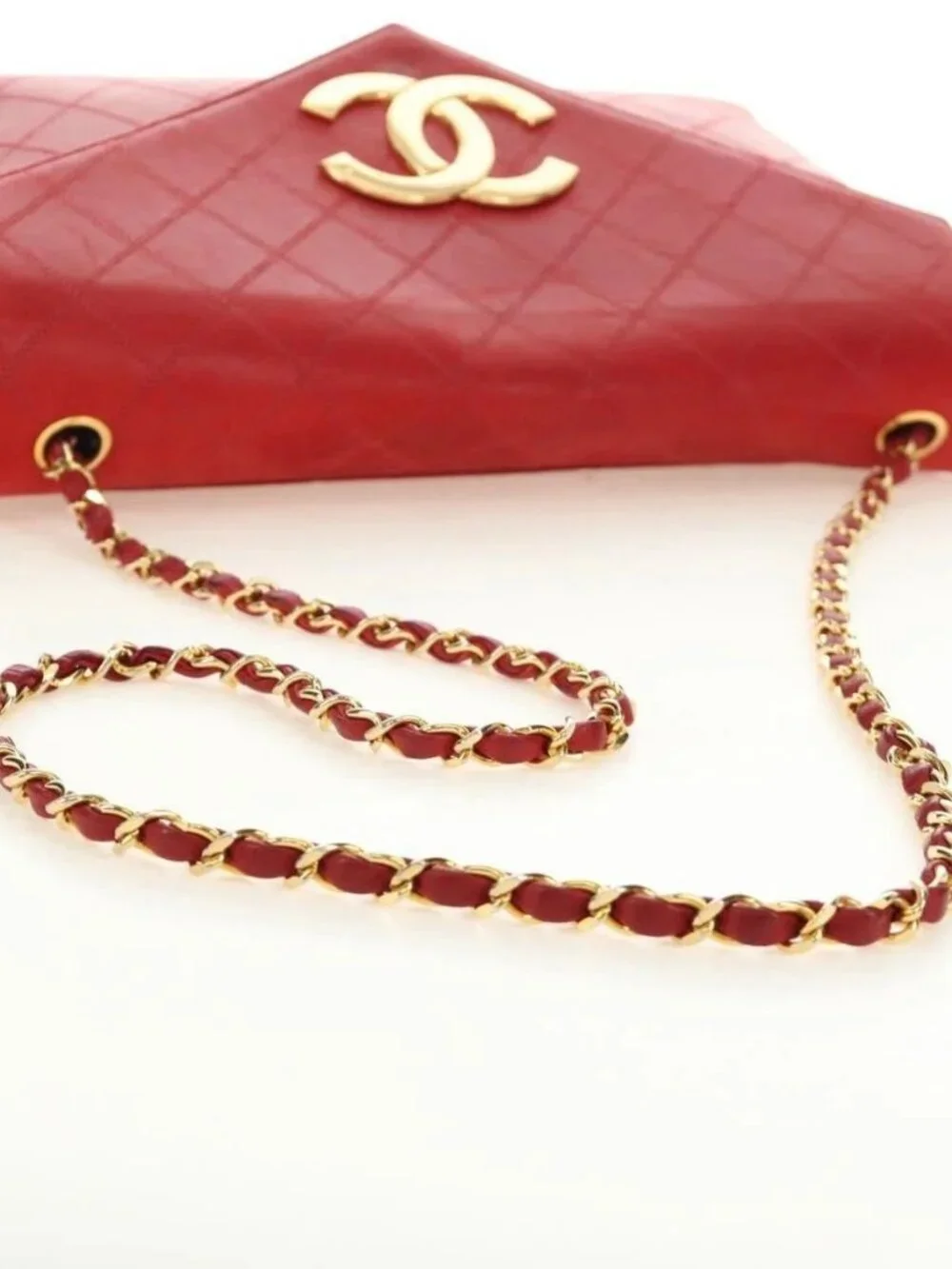 CHANEL Bicolore Chain Shoulder Bag Lamb Skin Red Gold CC Auth BA13416V